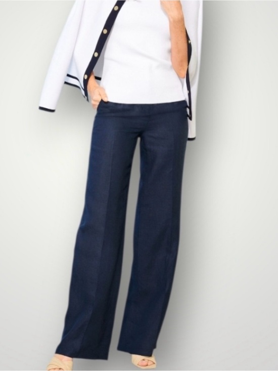 Talbots Pants - Talbots linen Navy Wide-Leg Pants with side button NWT